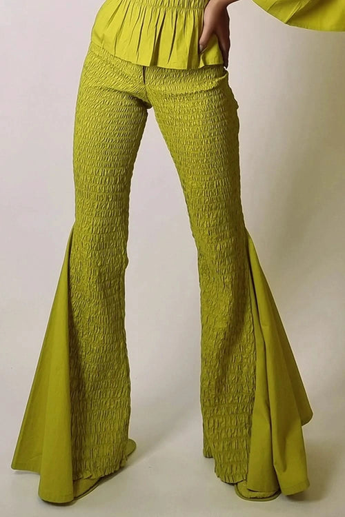 Chartreuse Smocked Granular Texture Flare Pants