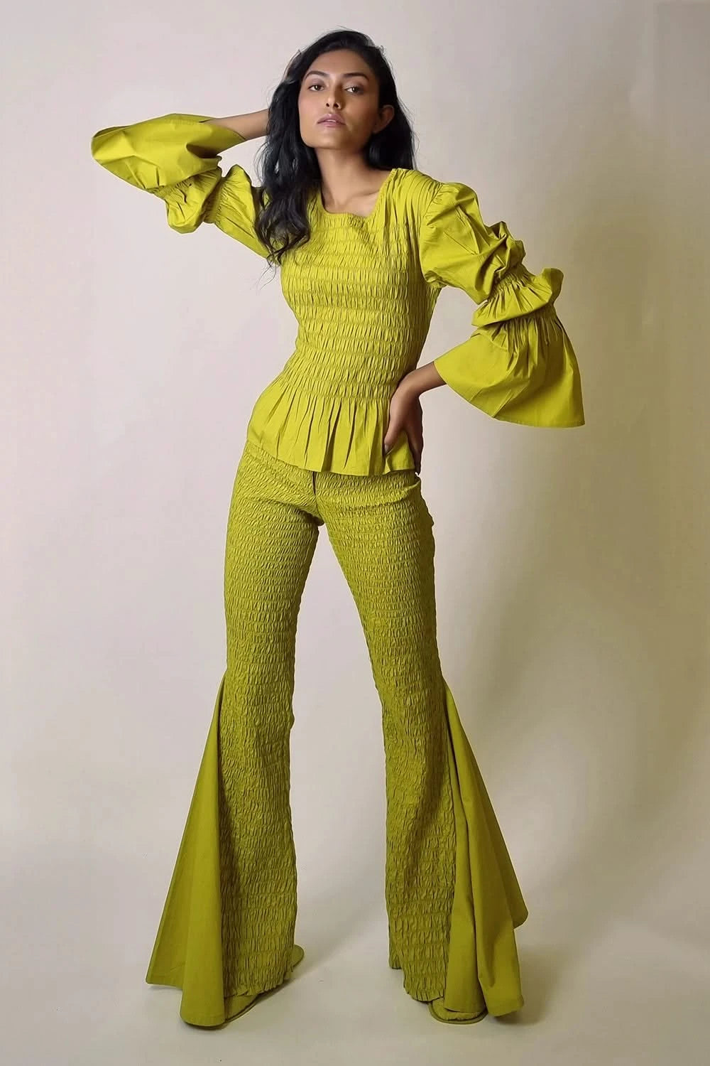 Chartreuse Smocked Ballon Sleeve Texture Top with Flare Pants