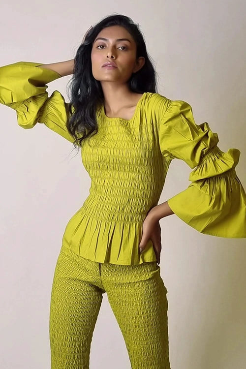 Chartreuse Smocked Ballon Sleeve Texture Top