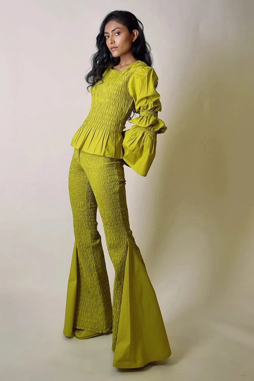 Chartreuse Smocked Ballon Sleeve Texture Top with Flare Pants
