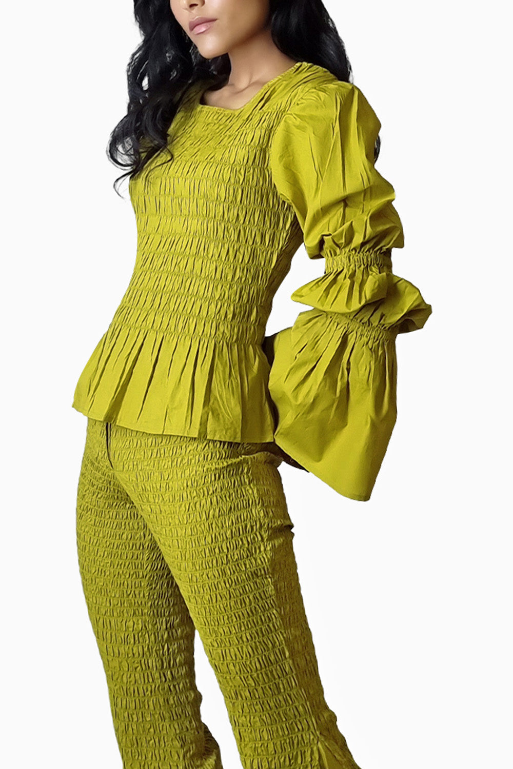 Chartreuse Smocked Ballon Sleeve Texture Top