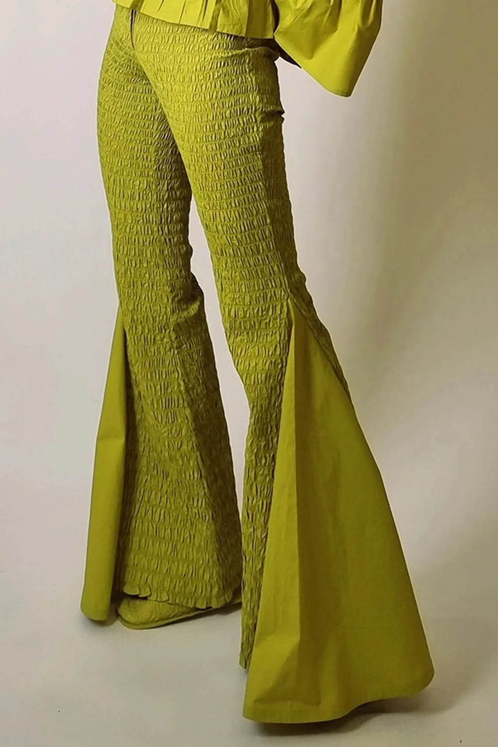 Chartreuse Smocked Granular Texture Flare Pants