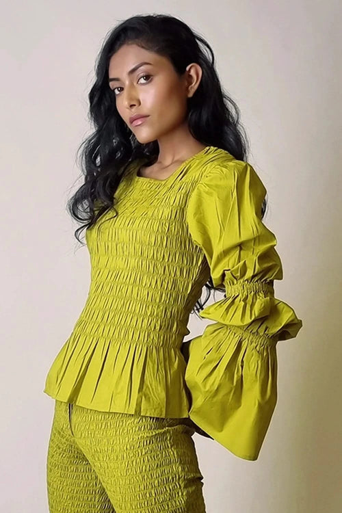 Chartreuse Smocked Ballon Sleeve Texture Top