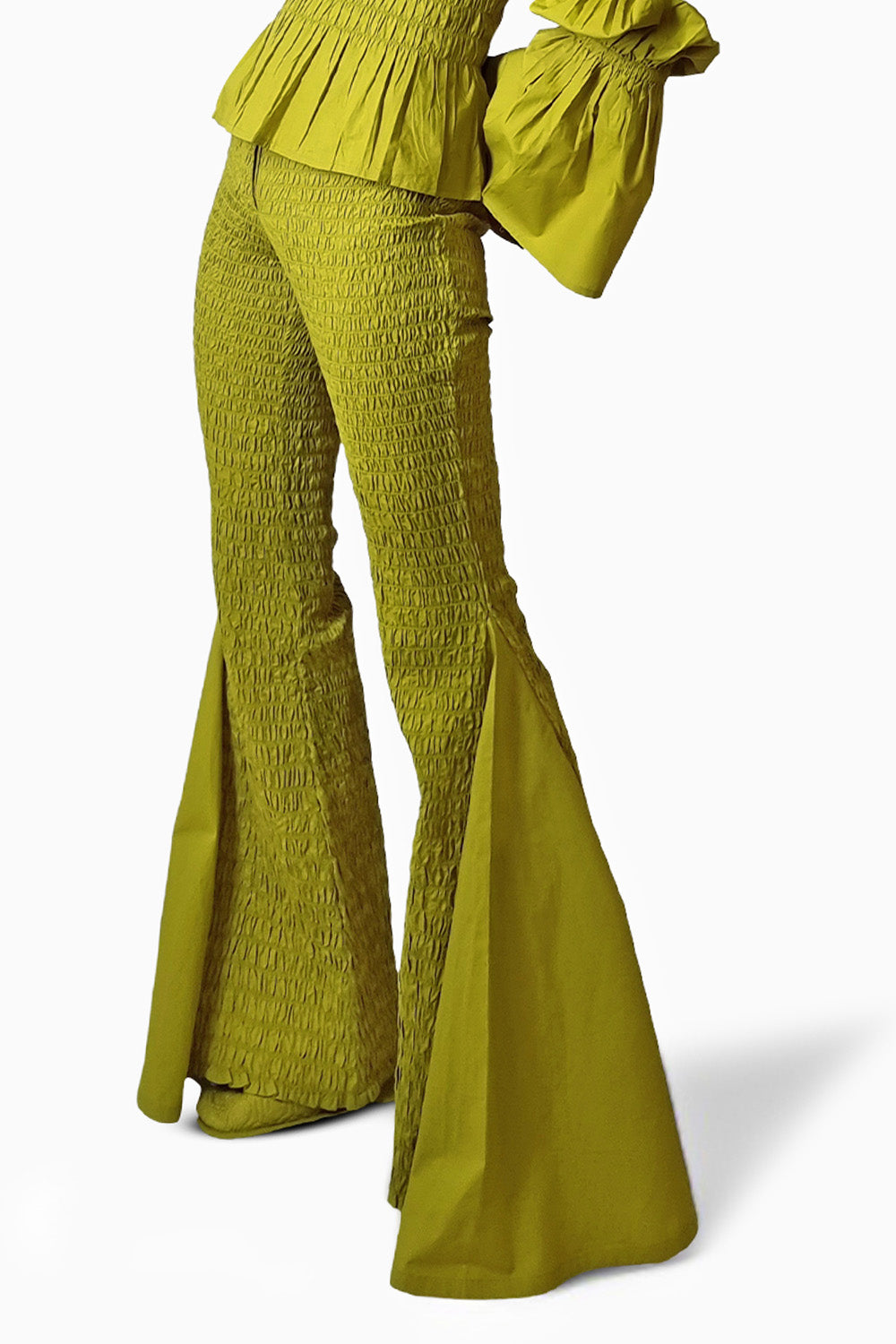 Chartreuse Smocked Granular Texture Flare Pants