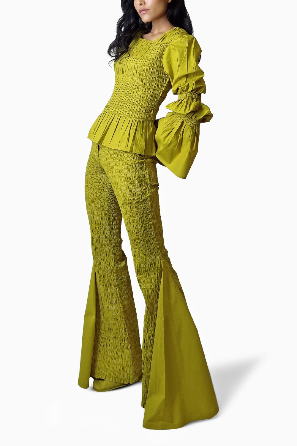 Chartreuse Smocked Ballon Sleeve Texture Top with Flare Pants