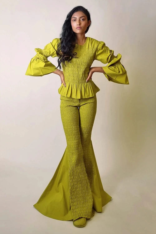 Chartreuse Smocked Ballon Sleeve Texture Top with Flare Pants