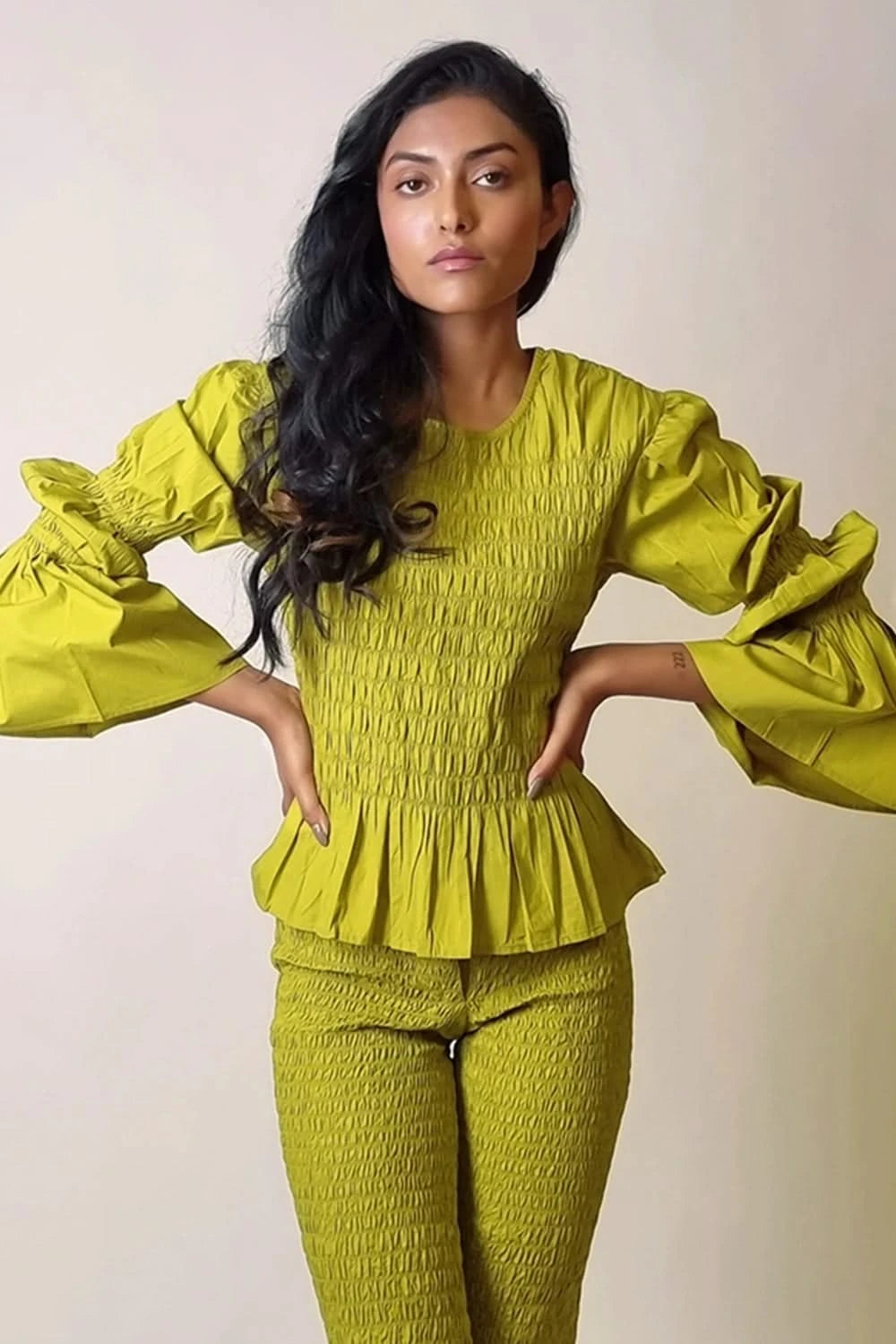 Chartreuse Smocked Ballon Sleeve Texture Top