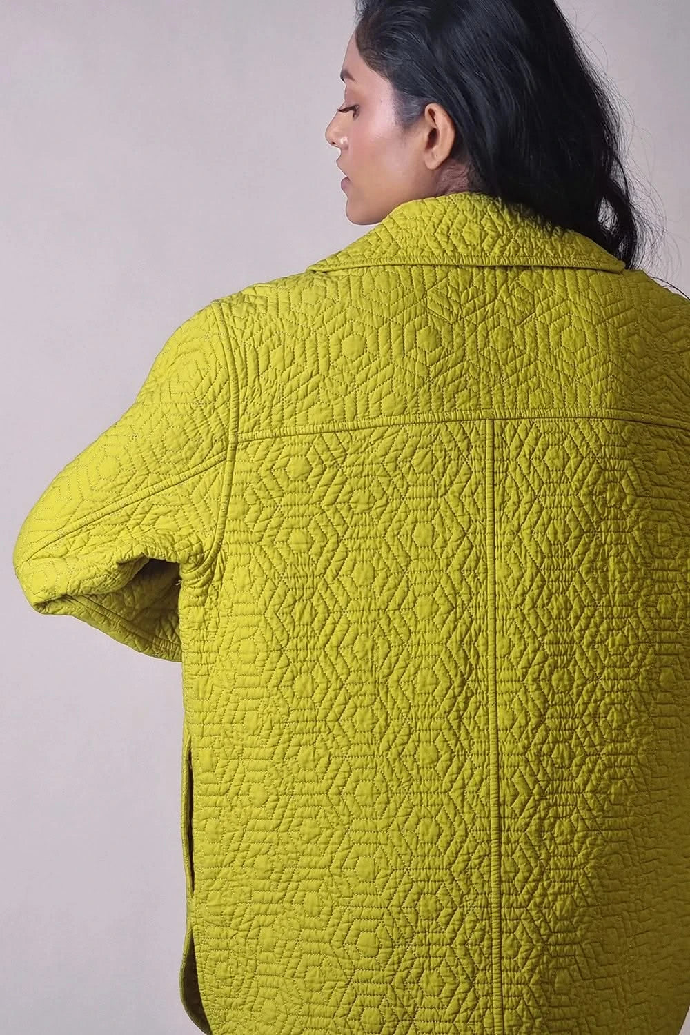 Chartreuse Quilted Hexagon Long Jacket