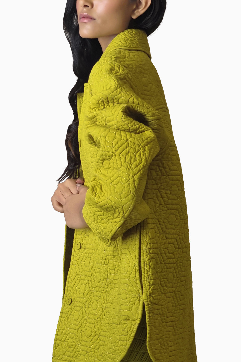 Chartreuse Quilted Hexagon Long Jacket