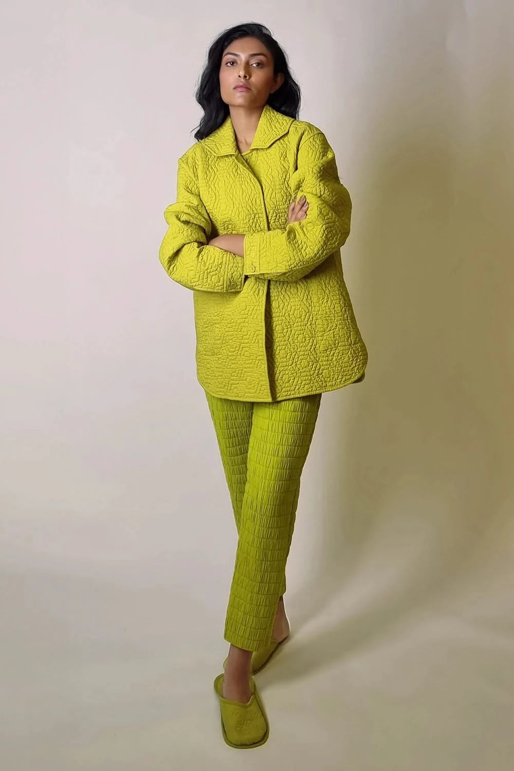 Chartreuse Quilted Hexagon Long Jacket