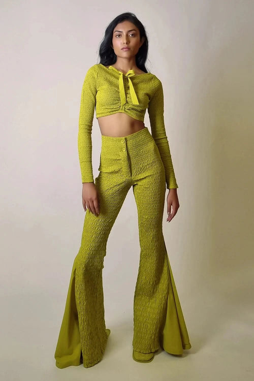 Chartreuse Smocked Reversible Crop Top with Flare Pants