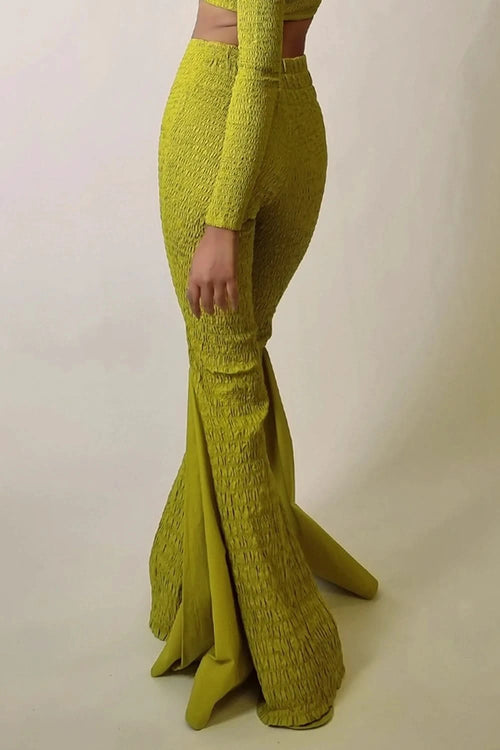 Chartreuse Smocked Flared Pants
