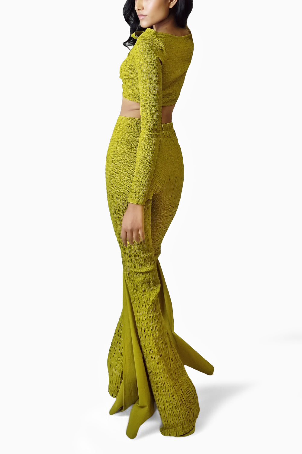 Chartreuse Smocked Reversible Crop Top with Flare Pants