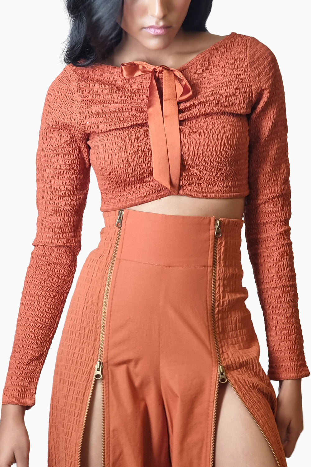 Terracotta Smocked Reversible Crop Top with Zip-up Pants