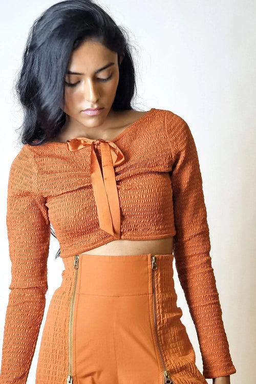 Terracotta Smocked Reversible Crop Top with Zip-up Pants