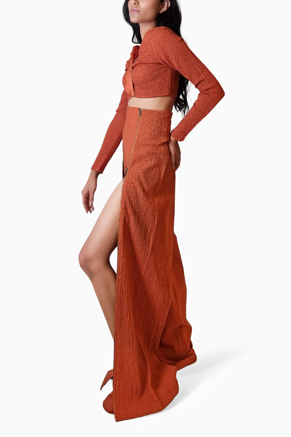 Terracotta Smocked Reversible Crop Top with Zip-up Pants