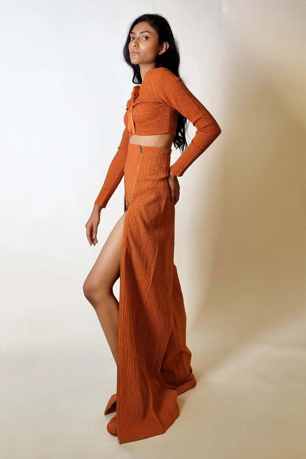 Terracotta Smocked Reversible Crop Top with Zip-up Pants