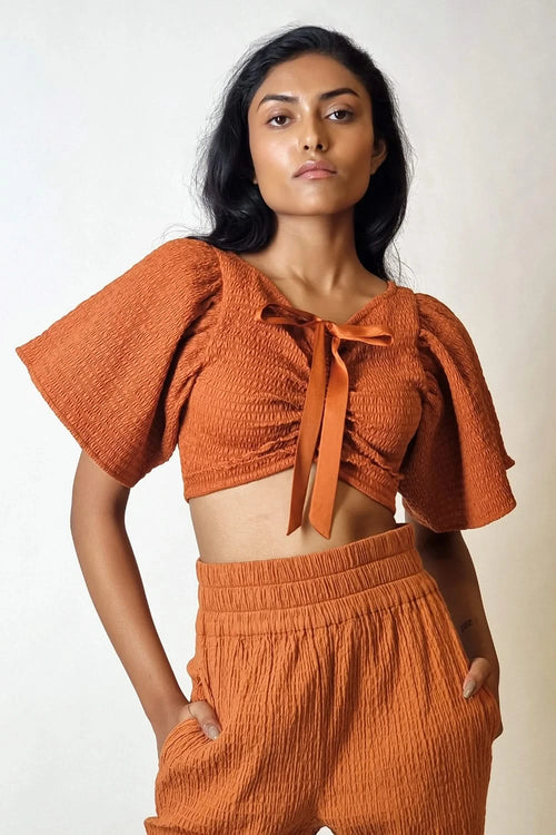 Terracotta Smocked Crop Bow Top with Straight Pants