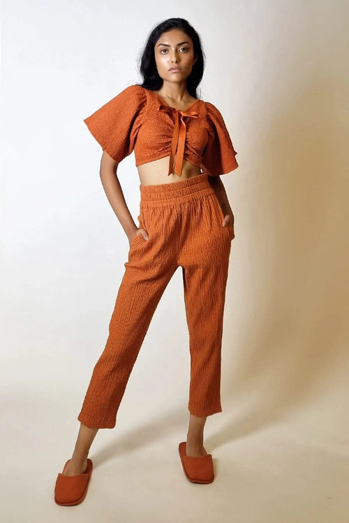 Terracotta Smocked Crop Bow Top with Straight Pants