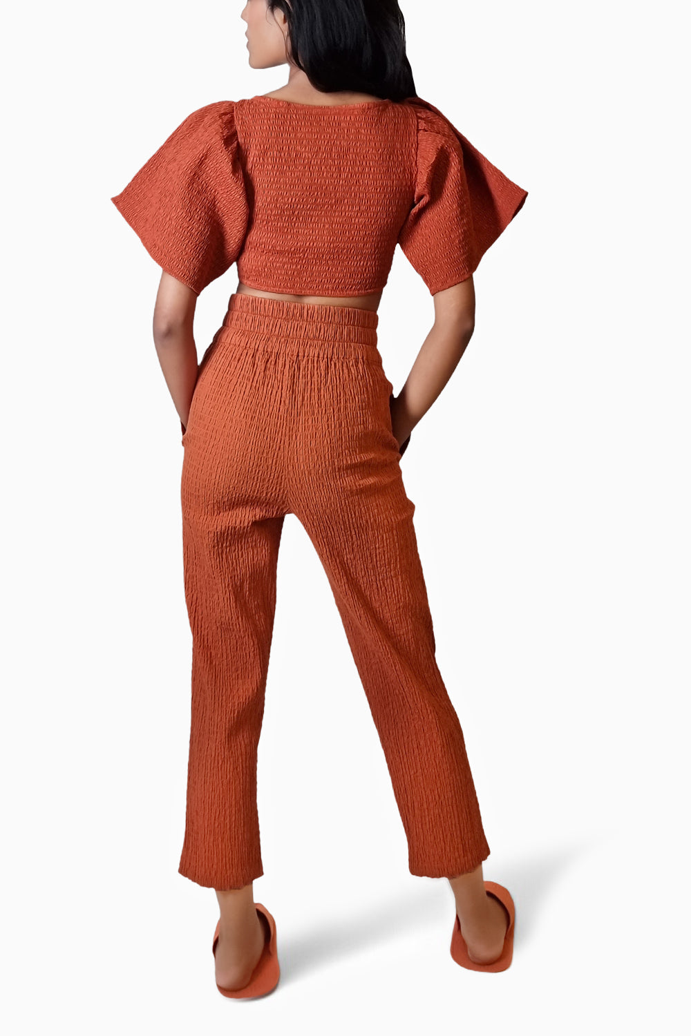 Terracotta Smocked Crop Bow Top with Straight Pants