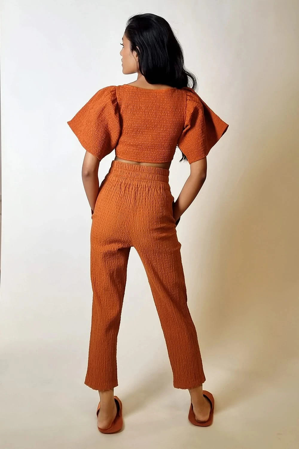 Terracotta Smocked Crop Bow Top with Straight Pants