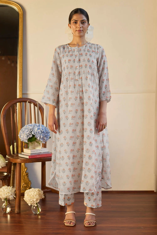Taupe Tuck Relaxed Fit Kurta Set