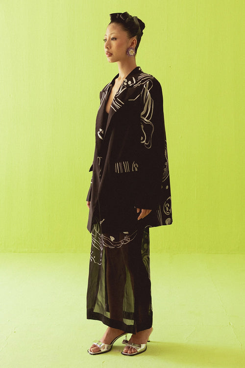 Black Blazer With Sheer Skirt Set