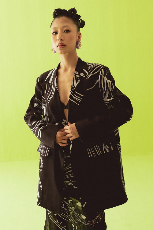 Black Blazer With Sheer Skirt Set