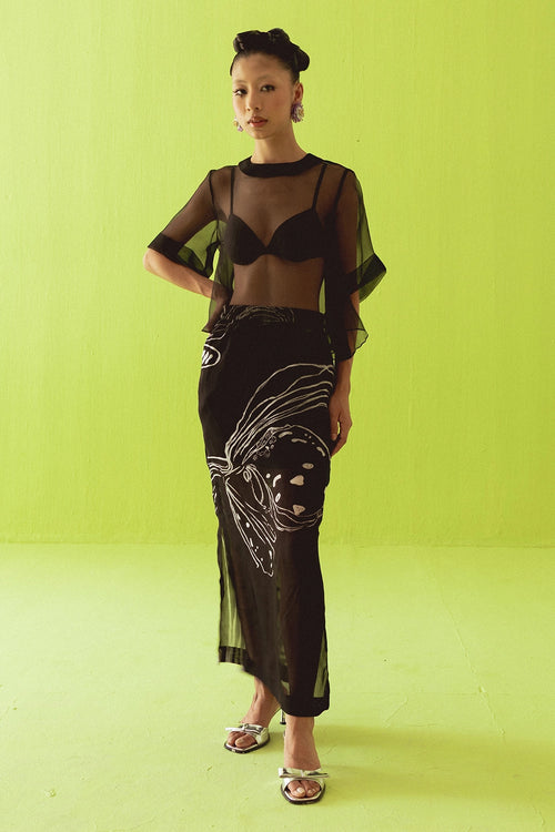 Black Blazer With Sheer Skirt Set