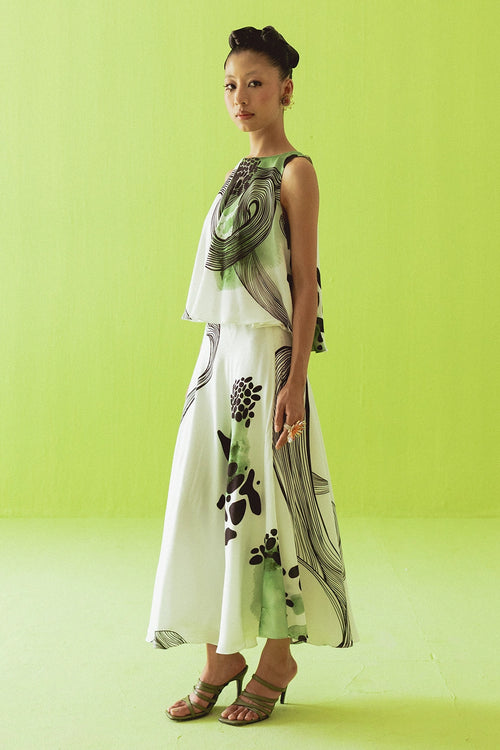 White And Green Asymmetric Top And Skirt Set