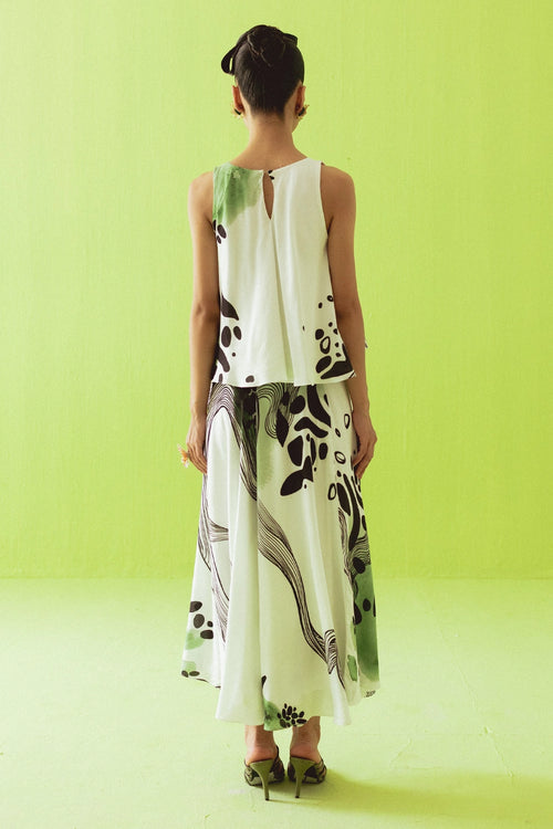 White And Green Asymmetric Top And Skirt Set