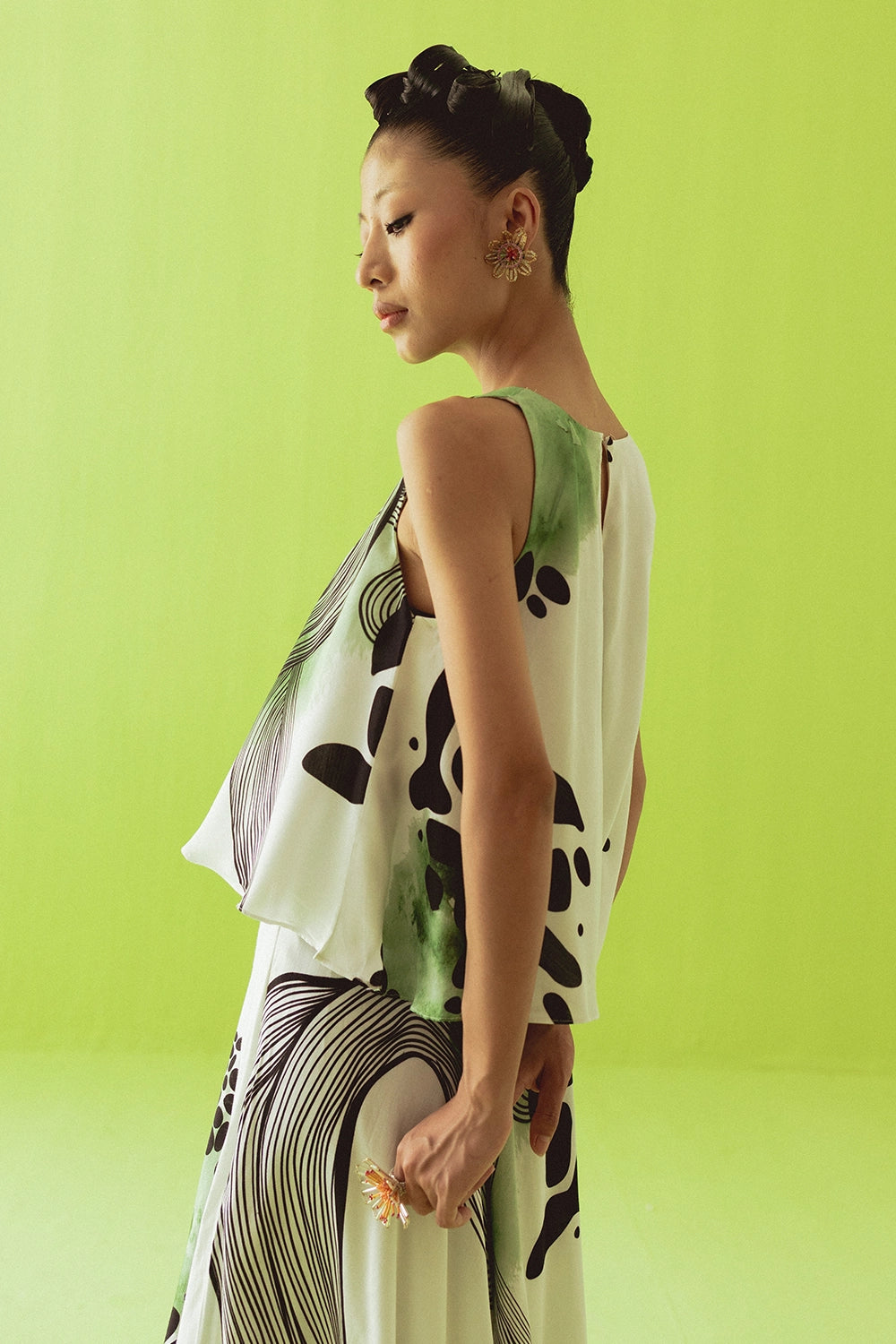 White And Green Asymmetric Top And Skirt Set