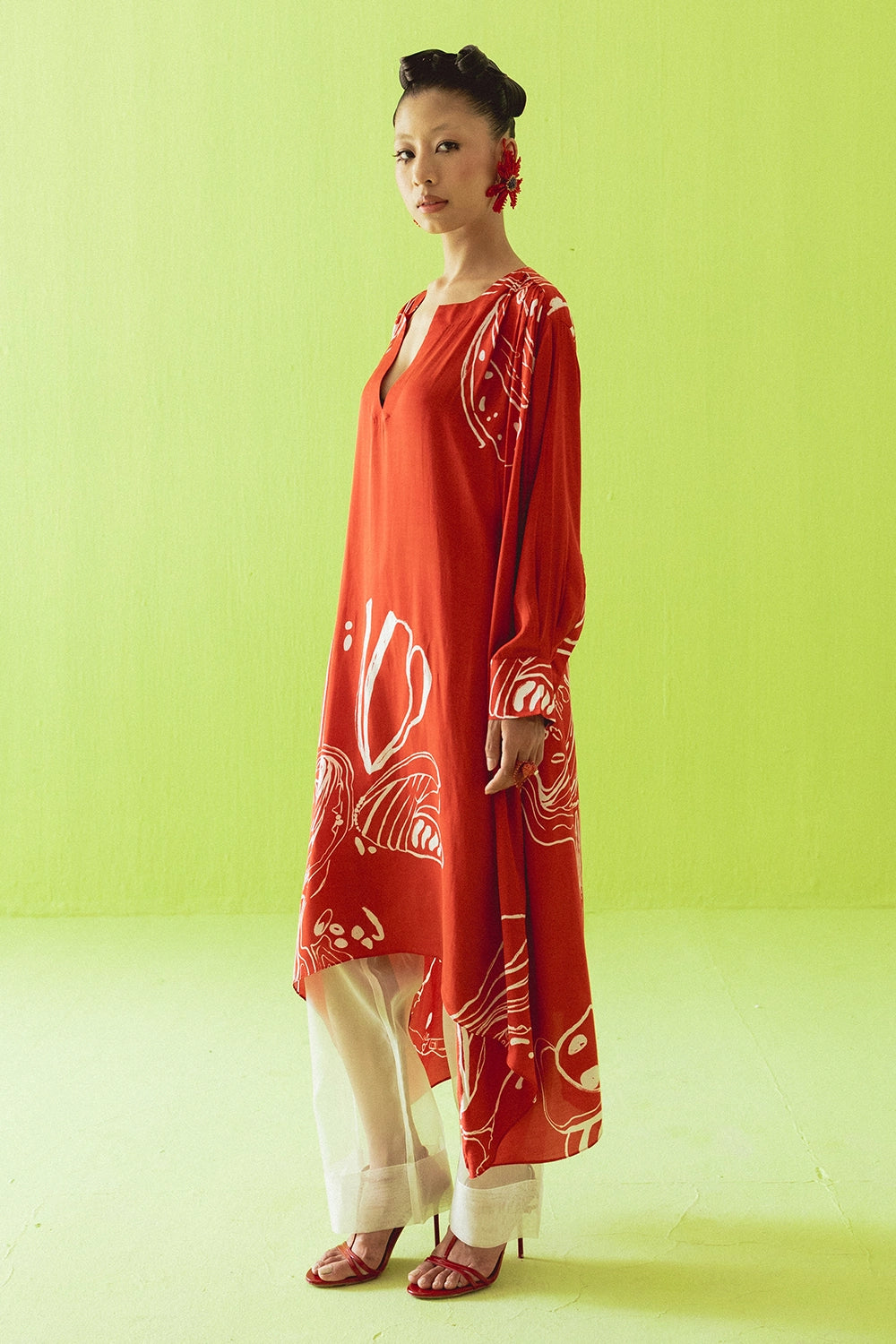 Red High Low Kurta With Pants Set