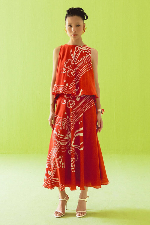 Red Asymmetric Top And Skirt Set
