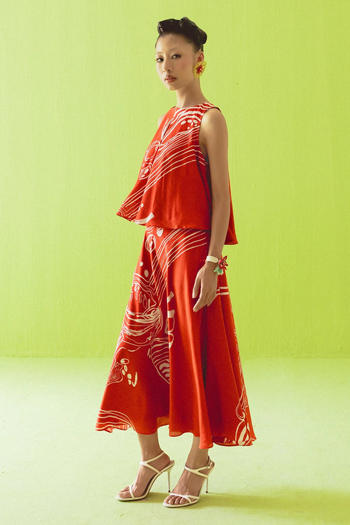 Red Asymmetric Top And Skirt Set