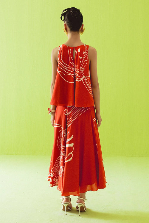 Red Asymmetric Top And Skirt Set