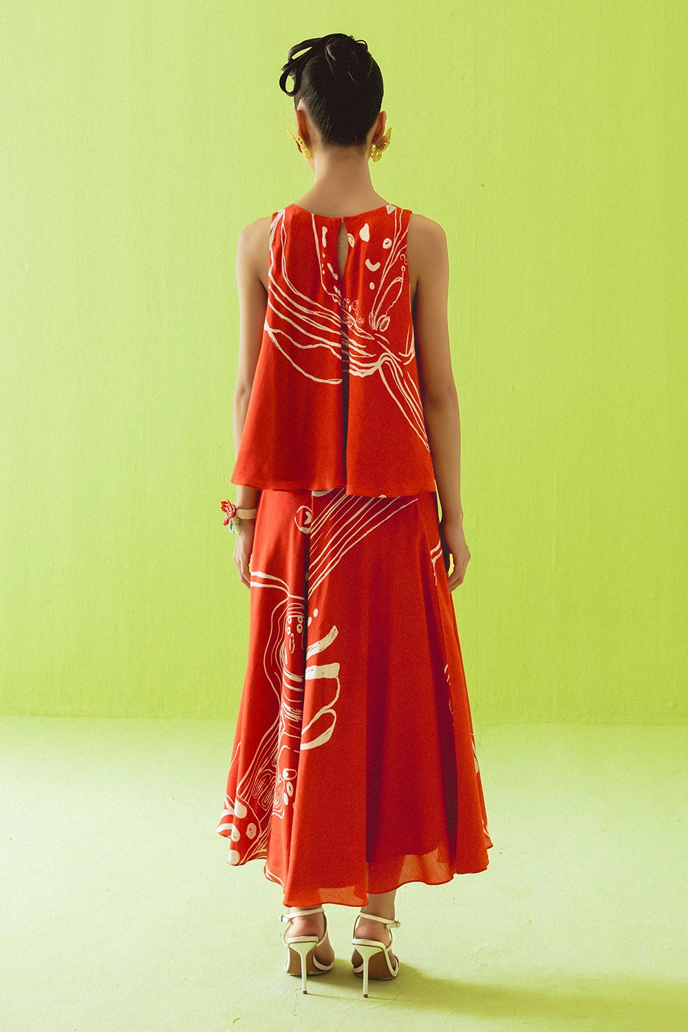Red Asymmetric Top And Skirt Set