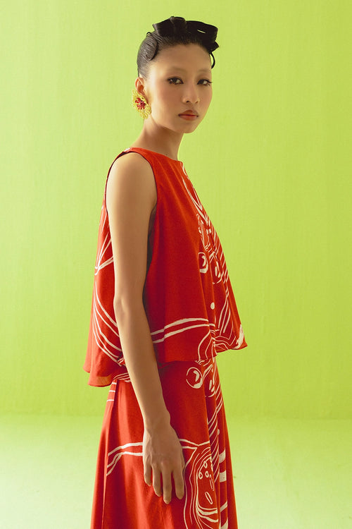 Red Asymmetric Top And Skirt Set