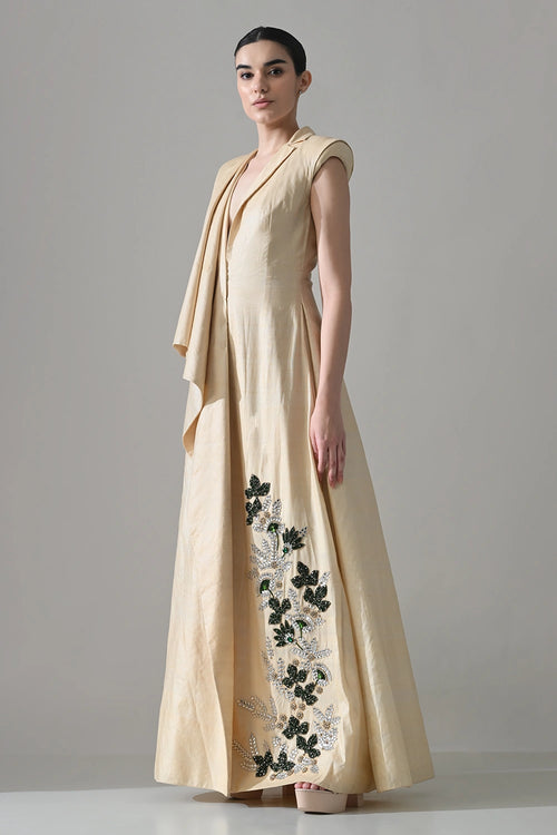 Cream Draped Gown With Hand-Embroidered Botanical Panel