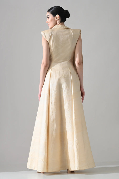 Cream Draped Gown With Hand-Embroidered Botanical Panel