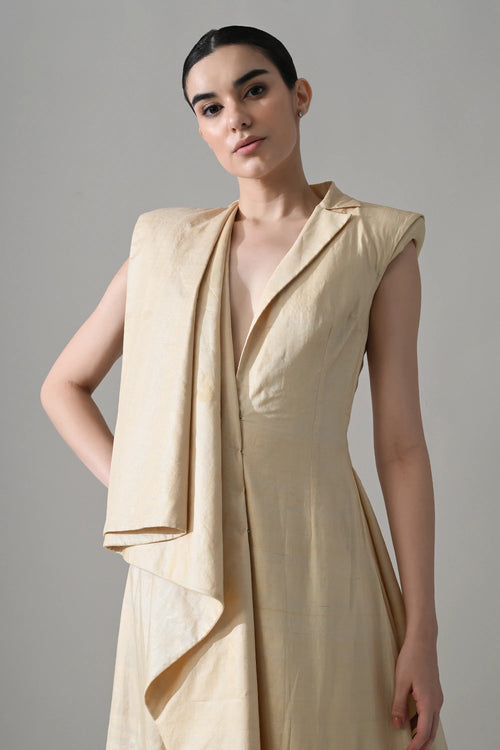 Cream Draped Gown With Hand-Embroidered Botanical Panel
