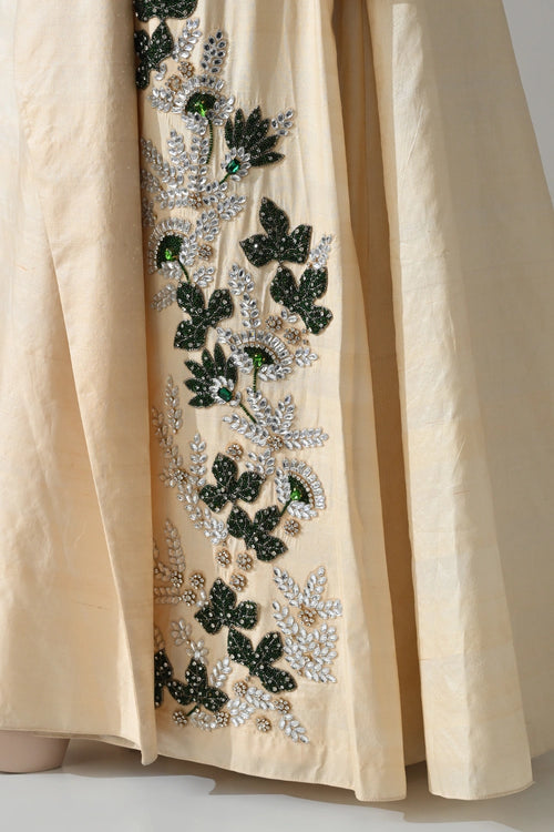 Cream Draped Gown With Hand-Embroidered Botanical Panel