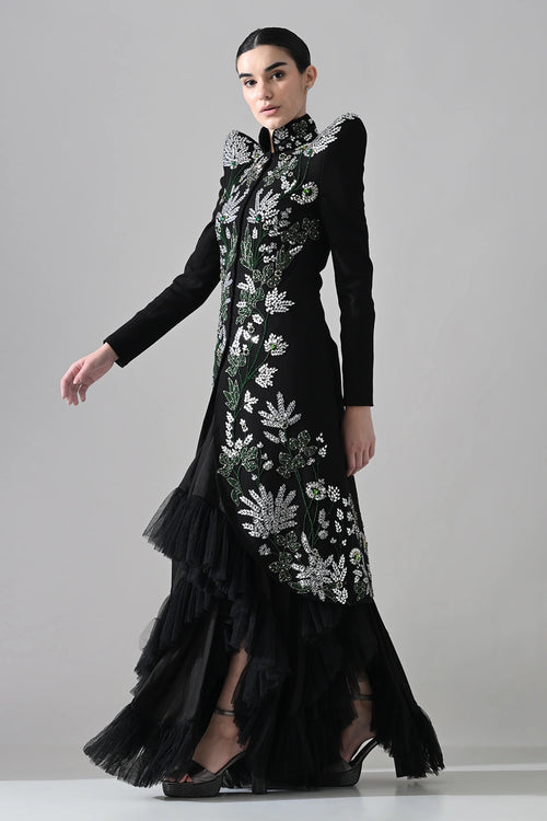 Black Botanical Embroidered Jacket With Tiered Tulle Skirt