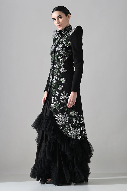 Black Botanical Embroidered Jacket With Tiered Tulle Skirt