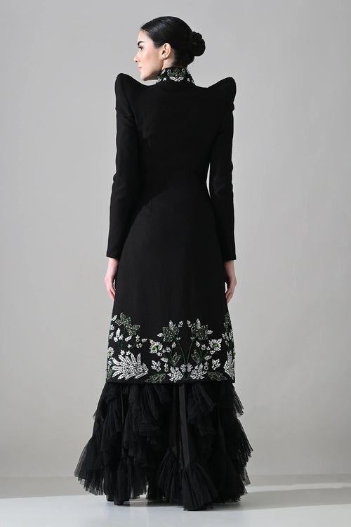 Black Botanical Embroidered Jacket With Tiered Tulle Skirt