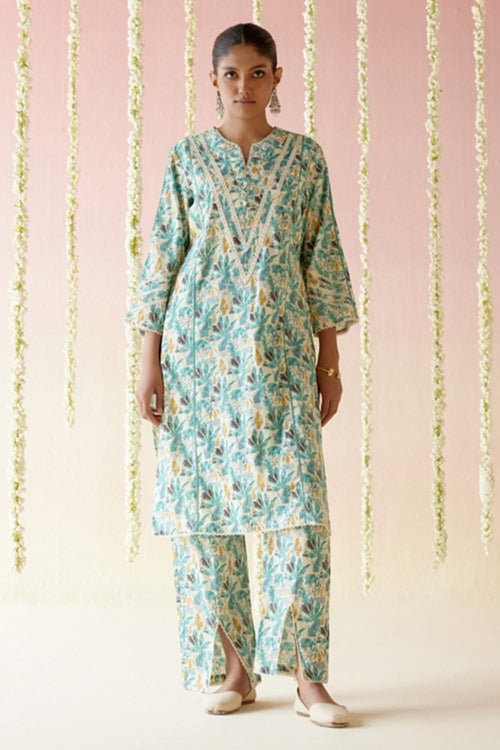 Cremon Blue Floral Kurta with Narrow Pants