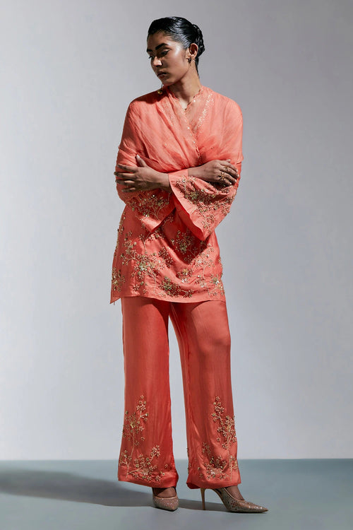Vermilion Floral Embroidered Organza Dupatta