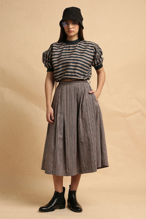 Gray Med Striped New Sphara Crop Top And Skirt Co-ord Set