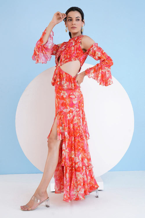Dark Orchid Printed Tiered Dress With Slit And Waist Cutout