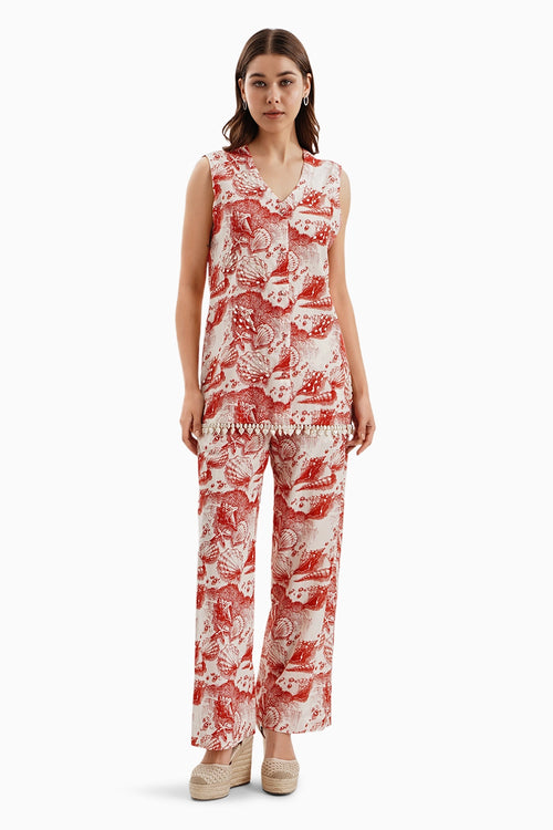 Red Cotton Marine Mood Jacket and Pants Set